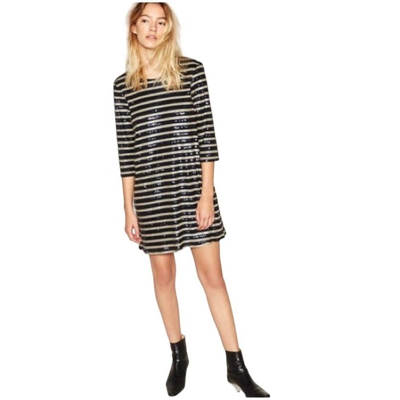 Zara Mini Dress Sequin Stripes 3/4 Sleeve Blue Black Silver Small - Picture 1 of 12